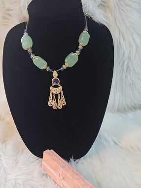 George Chandelier Green Bead Pendant Necklace with Gold Filigree #63